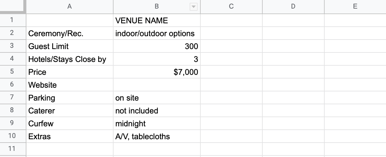 find a wedding venue spreadsheet