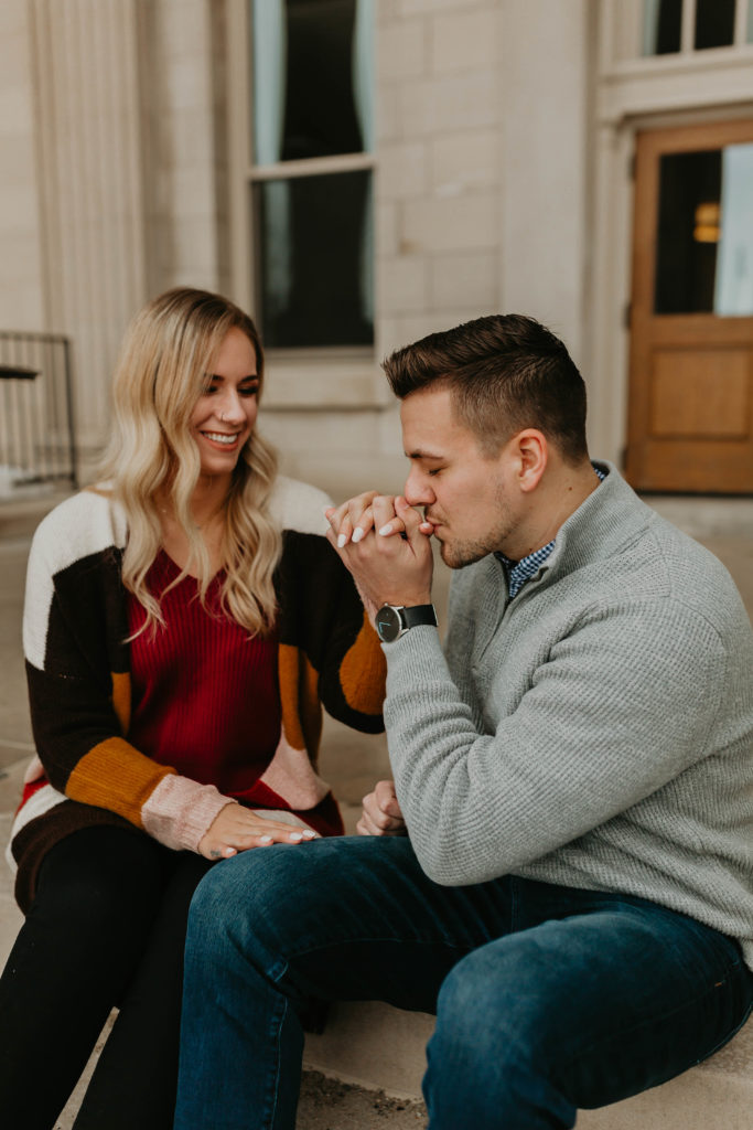 college campus engagement session couples photos at iowa state university