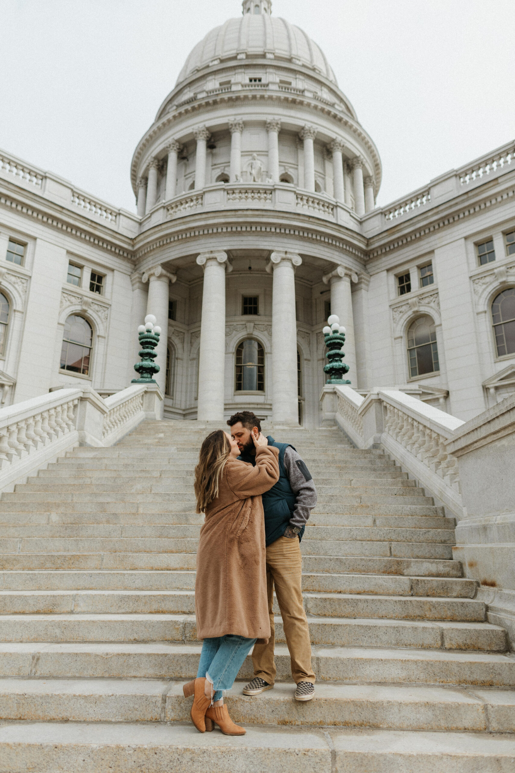 couples photo in front of Madison Wisconsin capitol